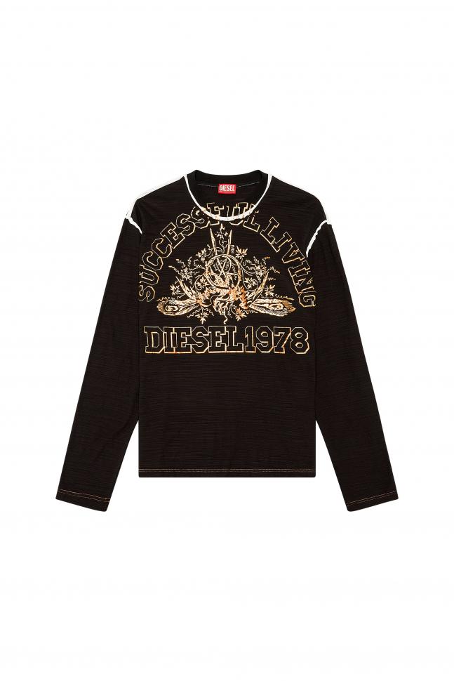 Diesel T-Crane-LS-Slits Maglietta Uomo A Maniche Lunghe In Cotone Pesante, Grigio 900 - Vestibilità Ampia Con Spacchi Laterali E Logo Ricamato